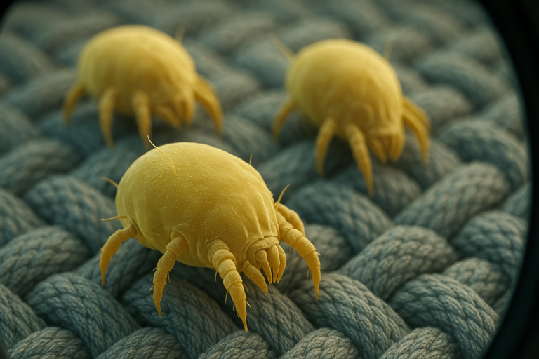 Imagem ampliada mostra três ácaros amarelos sobre tecido azul acinzentado, com detalhes visíveis das patas e corpo. O foco está no ácaro central, e a cena simula a visão por microscópio.