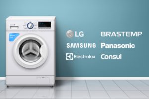 Uma máquina de lavar e ao lado a logo das marcas LG, Brastemp, Samsung, Panasonic, Electrolux e Consul.