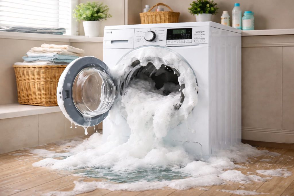 máquina de lavar aberta transbordando