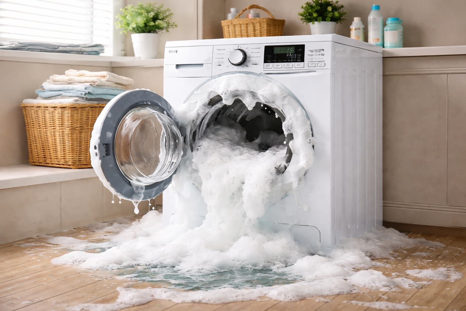 máquina de lavar aberta transbordando