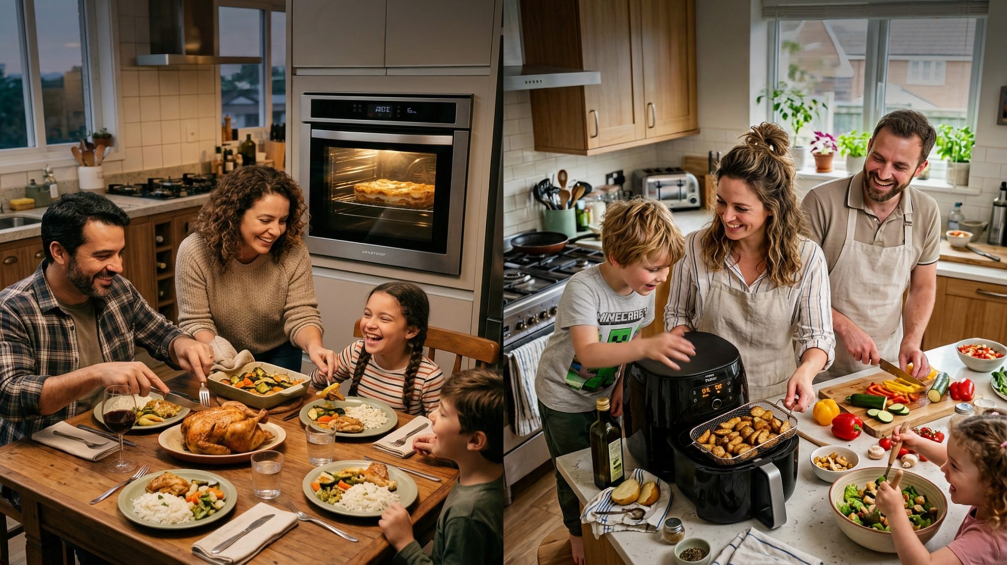 familias utilizando ari fryer ou forno elétrico
